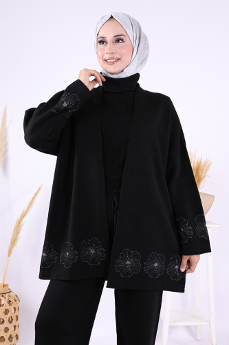 Lotus Çiçekli Kimono ve Pantolon Takım 17003 Siyah-Gümüş - 4
