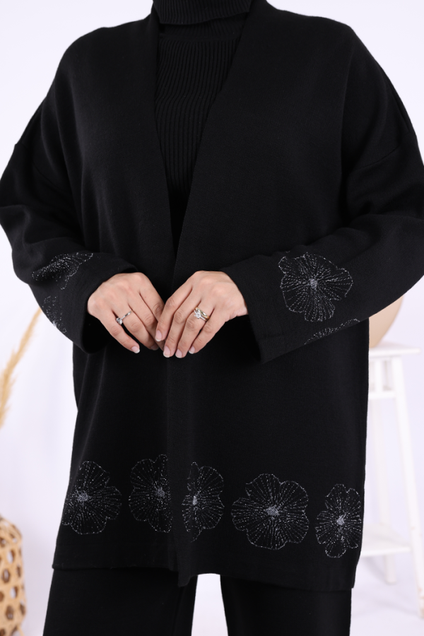 Lotus Çiçekli Kimono ve Pantolon Takım 17003 Siyah-Gümüş - 5