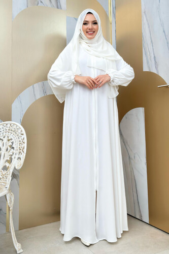 Fermuarlı Kol Manşetleri Büzgülü Mevlana Ferace 6007 Ekru - Bym Fashion