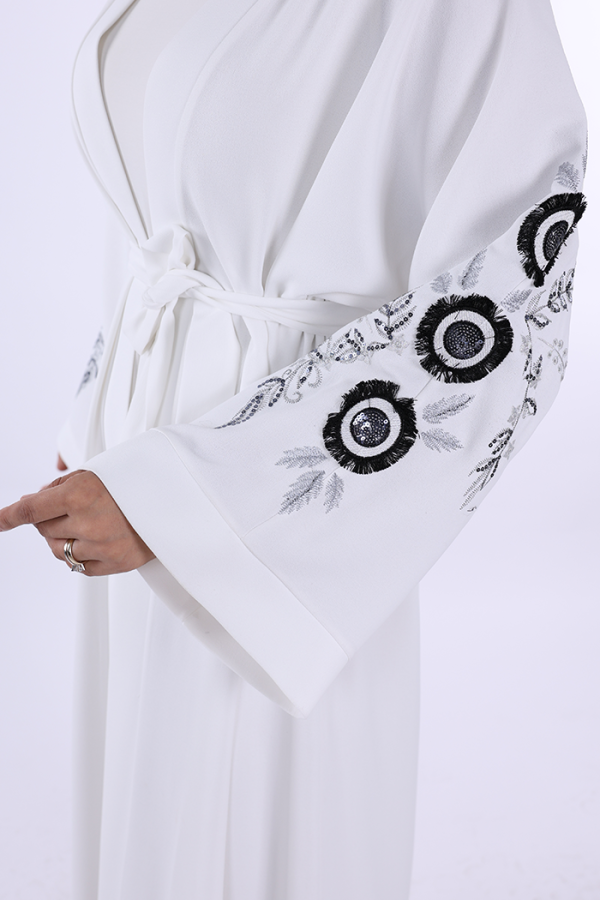 Nakış İşleme Detaylı Bel Kuşaklı Abaya 7898 Ekru - 5