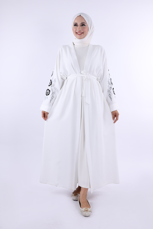 Nakış İşleme Detaylı Bel Kuşaklı Abaya 7898 Ekru - 1