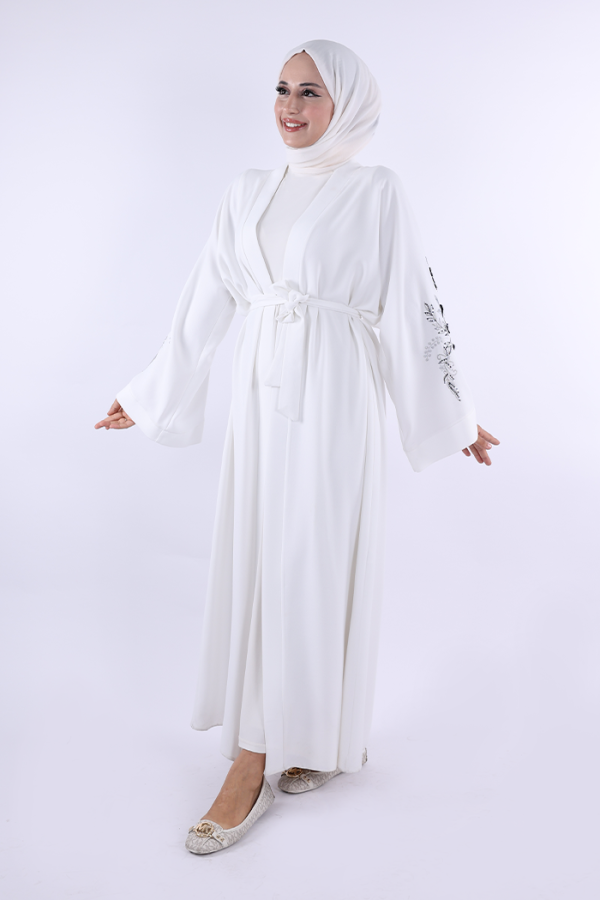 Nakış İşleme Detaylı Bel Kuşaklı Abaya 7898 Ekru - 2