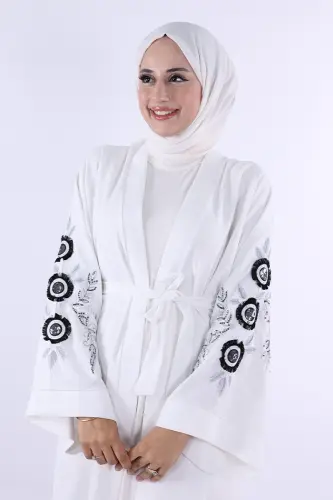 Nakış İşleme Detaylı Bel Kuşaklı Abaya 7898 Ekru - 4