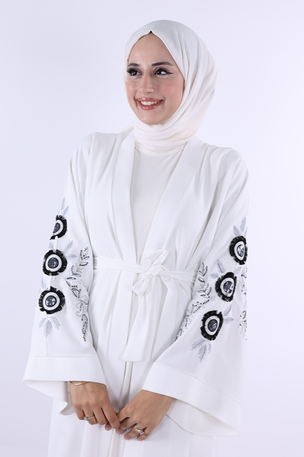Nakış İşleme Detaylı Bel Kuşaklı Abaya 7898 Ekru - 4