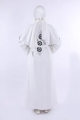 Nakış İşleme Detaylı Bel Kuşaklı Abaya 7898 Ekru - 3