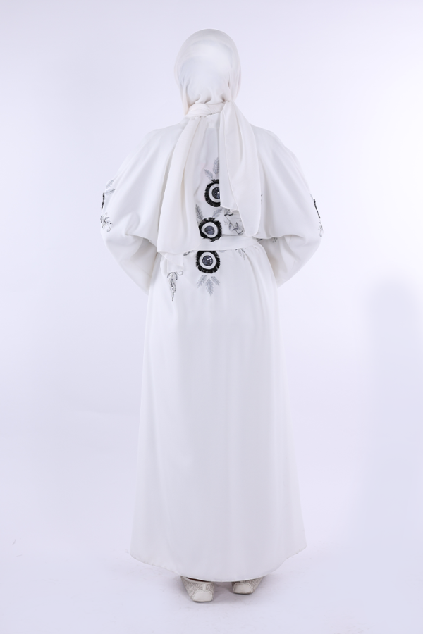 Nakış İşleme Detaylı Bel Kuşaklı Abaya 7898 Ekru - 3