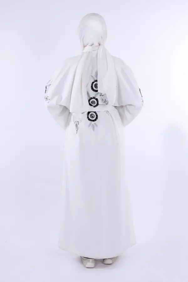 Nakış İşleme Detaylı Bel Kuşaklı Abaya 7898 Ekru - 3