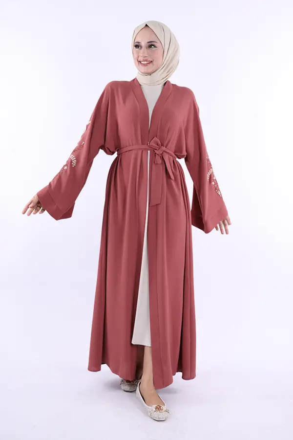 Nakış İşleme Detaylı Bel Kuşaklı Abaya 7898 Gül Kurusu - 1
