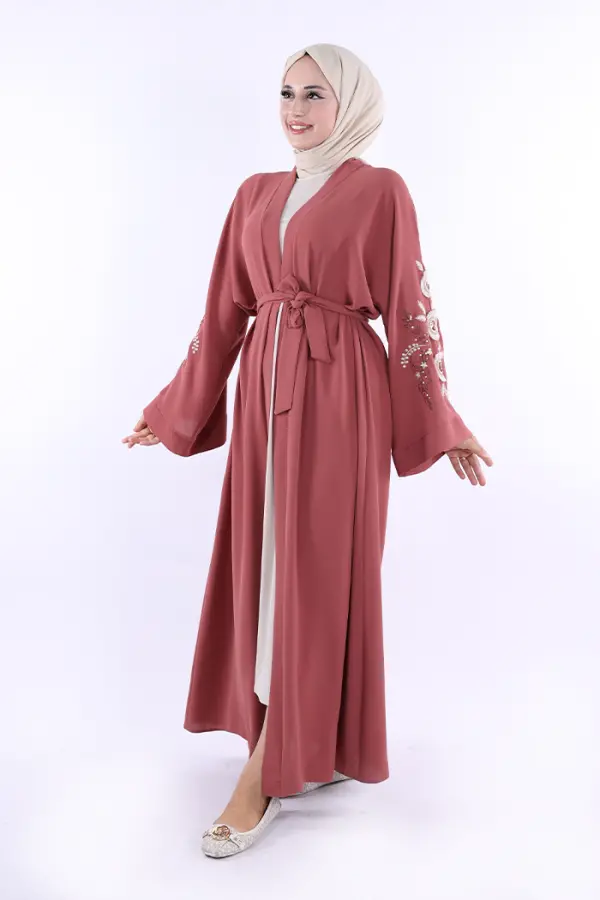 Nakış İşleme Detaylı Bel Kuşaklı Abaya 7898 Gül Kurusu - 2