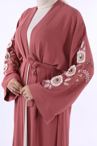 Nakış İşleme Detaylı Bel Kuşaklı Abaya 7898 Gül Kurusu - 5