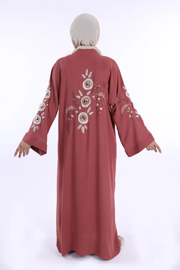 Nakış İşleme Detaylı Bel Kuşaklı Abaya 7898 Gül Kurusu - 3