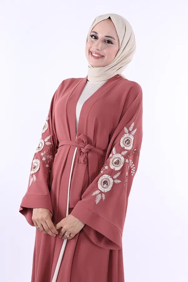 Nakış İşleme Detaylı Bel Kuşaklı Abaya 7898 Gül Kurusu - 4
