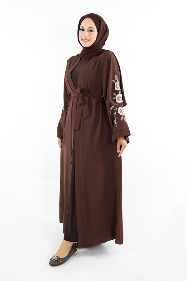 Nakış İşleme Detaylı Bel Kuşaklı Abaya 7898 Kahverengi - 2