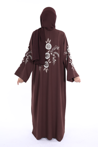 Nakış İşleme Detaylı Bel Kuşaklı Abaya 7898 Kahverengi - 3