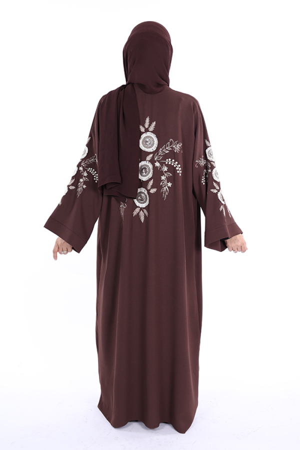 Nakış İşleme Detaylı Bel Kuşaklı Abaya 7898 Kahverengi - 3