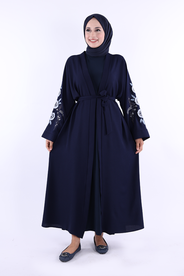 Nakış İşleme Detaylı Bel Kuşaklı Abaya 7898 Lacivert - 1