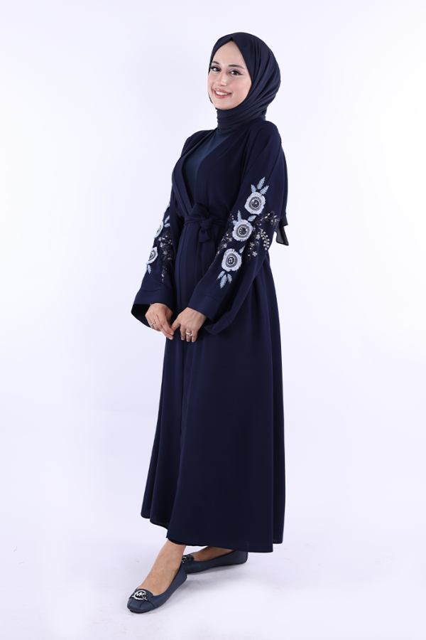 Nakış İşleme Detaylı Bel Kuşaklı Abaya 7898 Lacivert - 2
