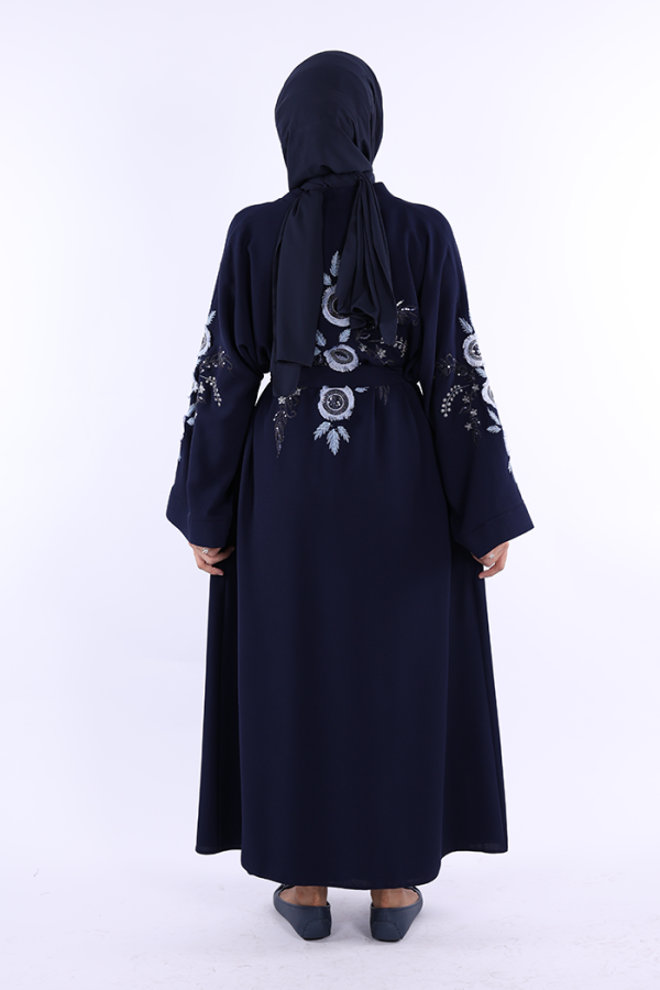 Nakış İşleme Detaylı Bel Kuşaklı Abaya 7898 Lacivert - 3