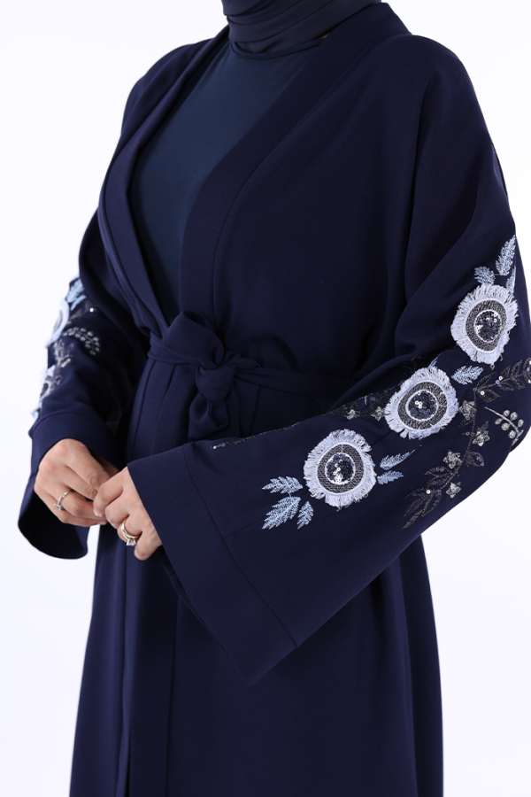 Nakış İşleme Detaylı Bel Kuşaklı Abaya 7898 Lacivert - 5