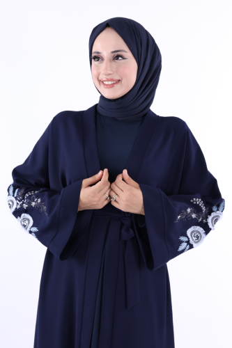 Nakış İşleme Detaylı Bel Kuşaklı Abaya 7898 Lacivert - 4