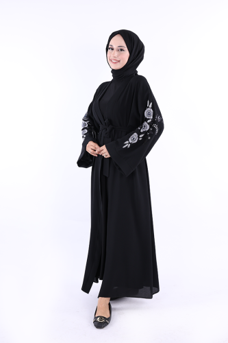 Nakış İşleme Detaylı Bel Kuşaklı Abaya 7898 Siyah - 1