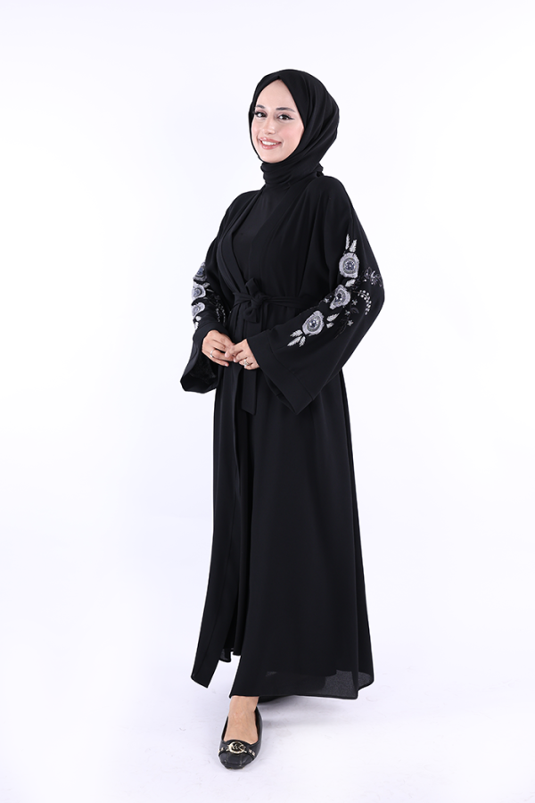 Nakış İşleme Detaylı Bel Kuşaklı Abaya 7898 Siyah - 1
