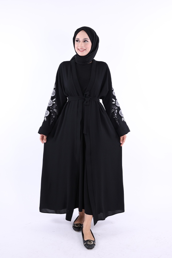 Nakış İşleme Detaylı Bel Kuşaklı Abaya 7898 Siyah - 2