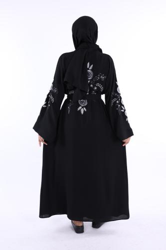 Nakış İşleme Detaylı Bel Kuşaklı Abaya 7898 Siyah - 3
