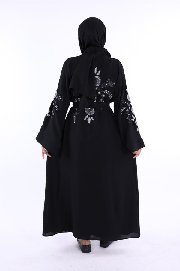 Nakış İşleme Detaylı Bel Kuşaklı Abaya 7898 Siyah - 3