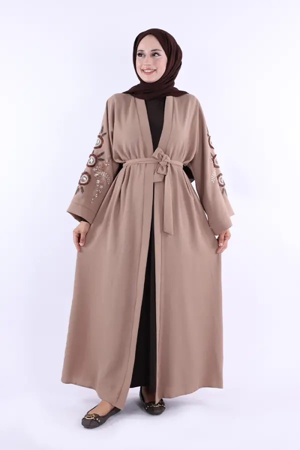 Nakış İşleme Detaylı Bel Kuşaklı Abaya 7898 Vizon - 1
