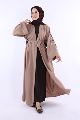 Nakış İşleme Detaylı Bel Kuşaklı Abaya 7898 Vizon - 2