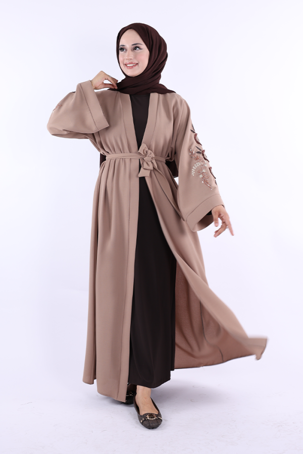 Nakış İşleme Detaylı Bel Kuşaklı Abaya 7898 Vizon - 2