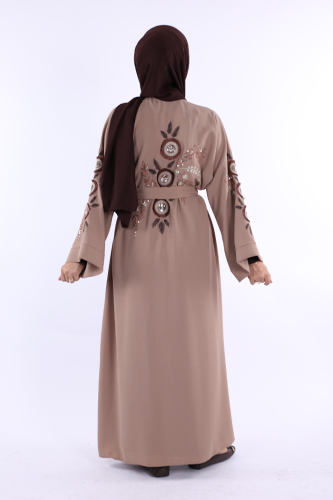Nakış İşleme Detaylı Bel Kuşaklı Abaya 7898 Vizon - 3
