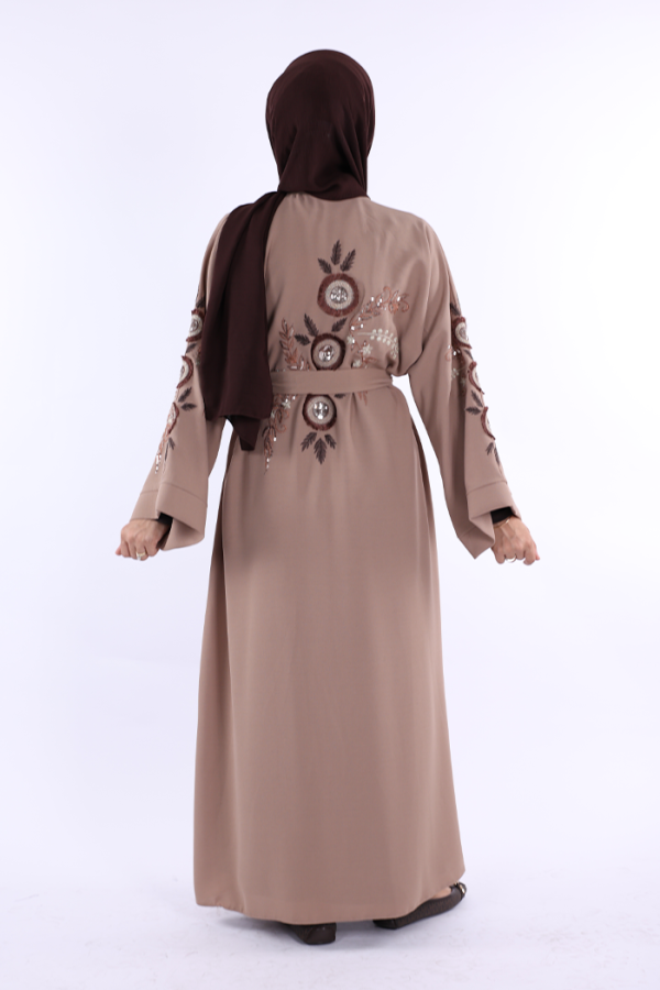 Nakış İşleme Detaylı Bel Kuşaklı Abaya 7898 Vizon - 3