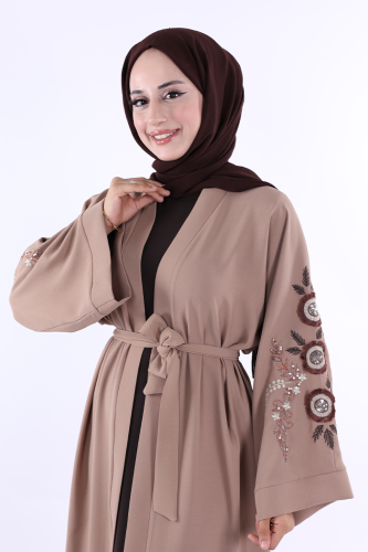 Nakış İşleme Detaylı Bel Kuşaklı Abaya 7898 Vizon - 4