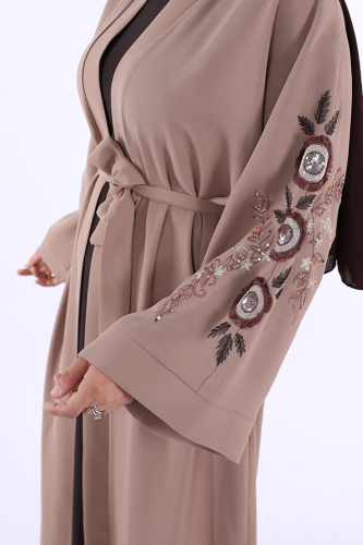 Nakış İşleme Detaylı Bel Kuşaklı Abaya 7898 Vizon - 5