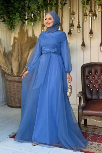 Shoulder Stripe Detail Waist Tie Tulle Evening Dress 3964 Indigo - Bym Fashion (1)