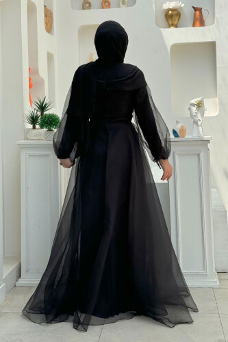 Shoulder Stripe Detail Waist Tie Tulle Evening Dress 3964 Black - Bym Fashion (1)