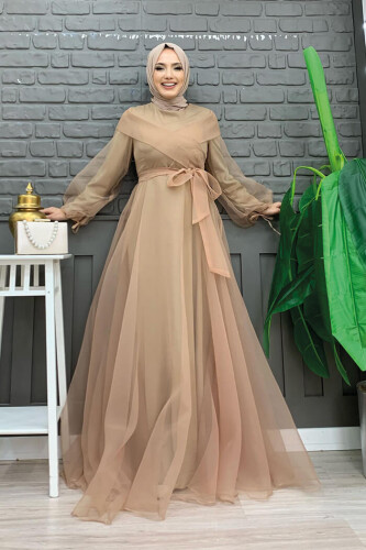 Shoulder Stripe Detail Waist Tie Tulle Evening Dress 3964 Mink - Bym Fashion