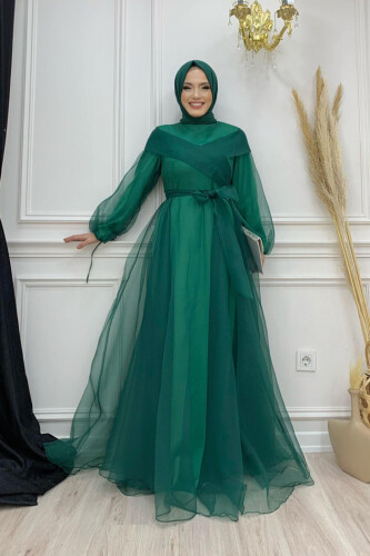 Shoulder Stripe Detail Waist Tie Tulle Evening Dress 3964 Emerald - Bym Fashion