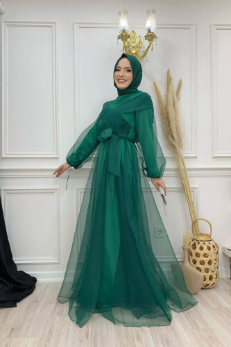 Shoulder Stripe Detail Waist Tie Tulle Evening Dress 3964 Emerald - Bym Fashion (1)