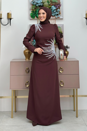 Omuz ve Bel Kısmı Taş Detaylı Abiye Elbise 3909 Kahverengi - Bym Fashion