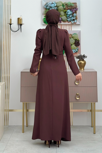 Omuz ve Bel Kısmı Taş Detaylı Abiye Elbise 3909 Kahverengi - Bym Fashion (1)