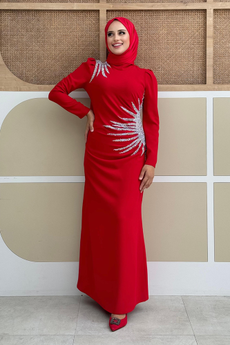 Omuz ve Bel Kısmı Taş Detaylı Abiye Elbise 3909 Kırmızı - Bym Fashion