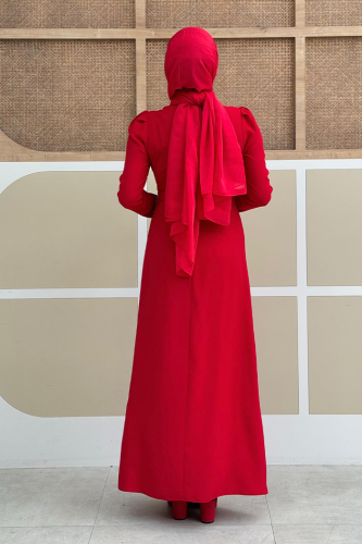 Omuz ve Bel Kısmı Taş Detaylı Abiye Elbise 3909 Kırmızı - Bym Fashion (1)