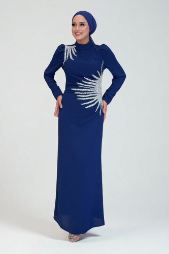 Omuz ve Bel Kısmı Taş Detaylı Abiye Elbise 3909 Lacivert - Bym Fashion