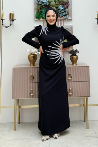 Omuz ve Bel Kısmı Taş Detaylı Abiye Elbise 3909 Siyah - Bym Fashion
