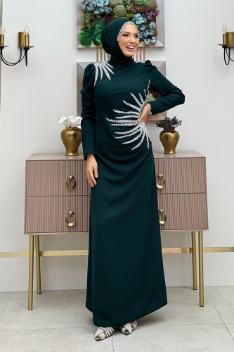 Omuz ve Bel Kısmı Taş Detaylı Abiye Elbise 3909 Zümrüt - Bym Fashion