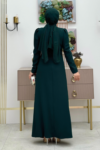 Omuz ve Bel Kısmı Taş Detaylı Abiye Elbise 3909 Zümrüt - Bym Fashion (1)