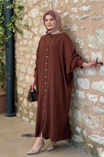 Ön Kısmı Boydan Düğmeli Salaş Elbise 7910 Kahverengi - Bym Fashion (1)